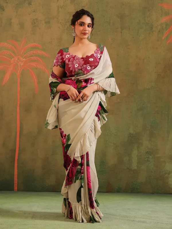 Beige crepe georgette saree for festive look