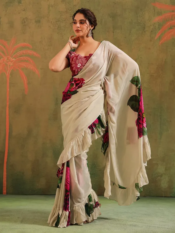 Beige crepe georgette saree for festive look
