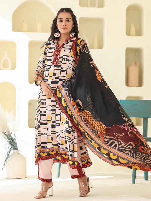 Beige crepe kurti set with dupatta