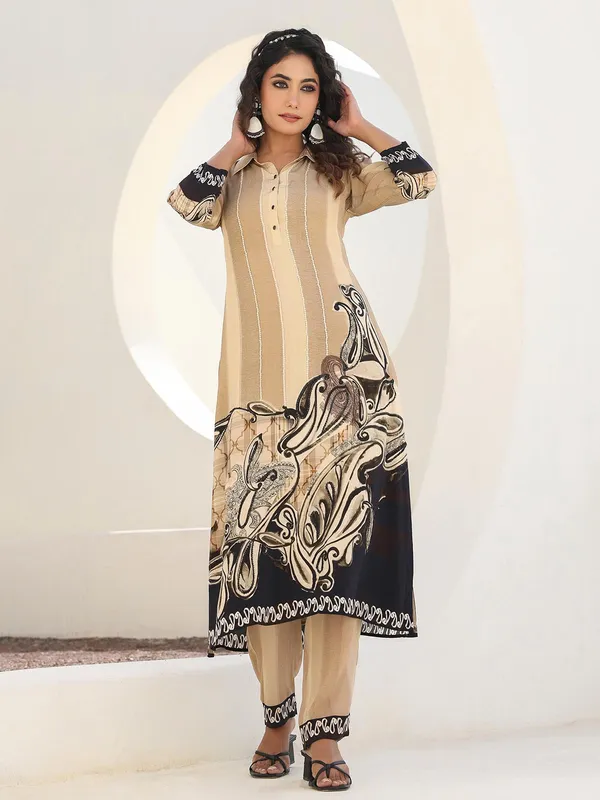 Beige crepe kurti set with sequins work