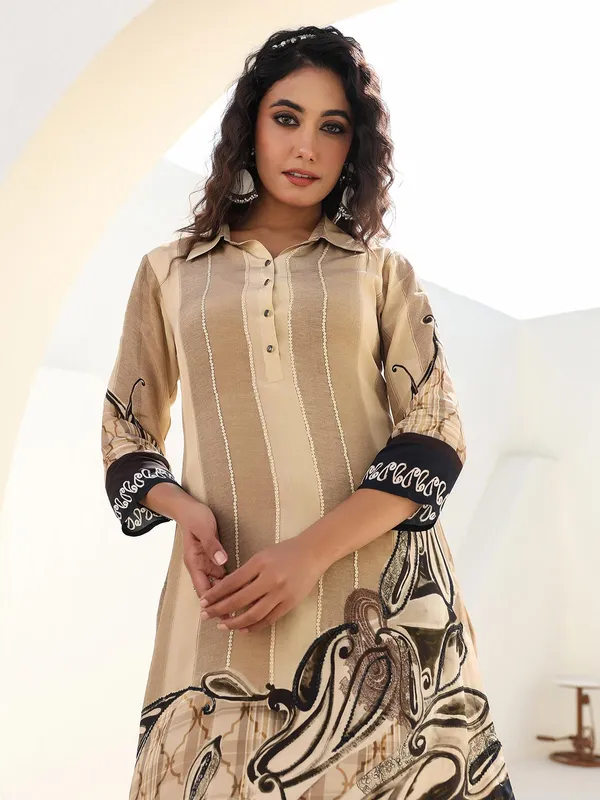 Beige crepe kurti set with sequins work