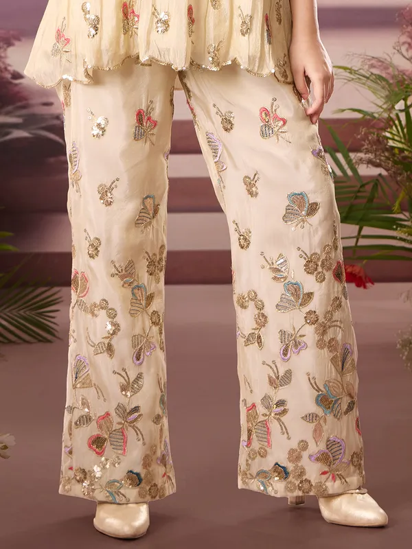 Beige crepe silk palazzo suit with sequins embellishments