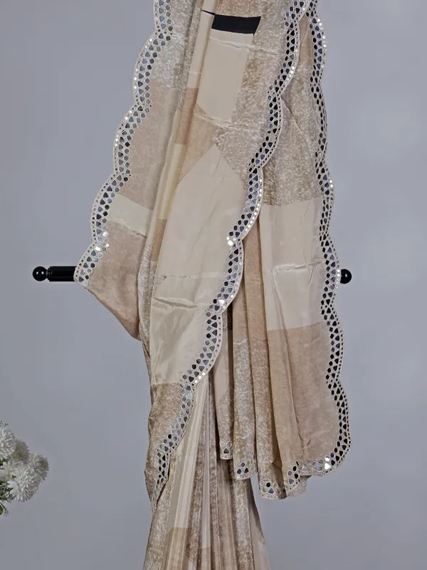 Beige crepe silk wedding wear saree