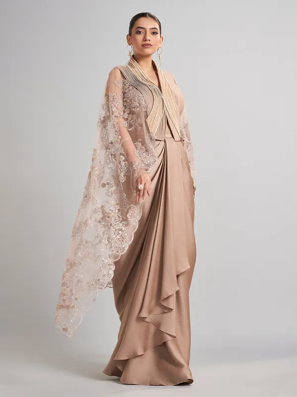 Beige designer indo western shrug set