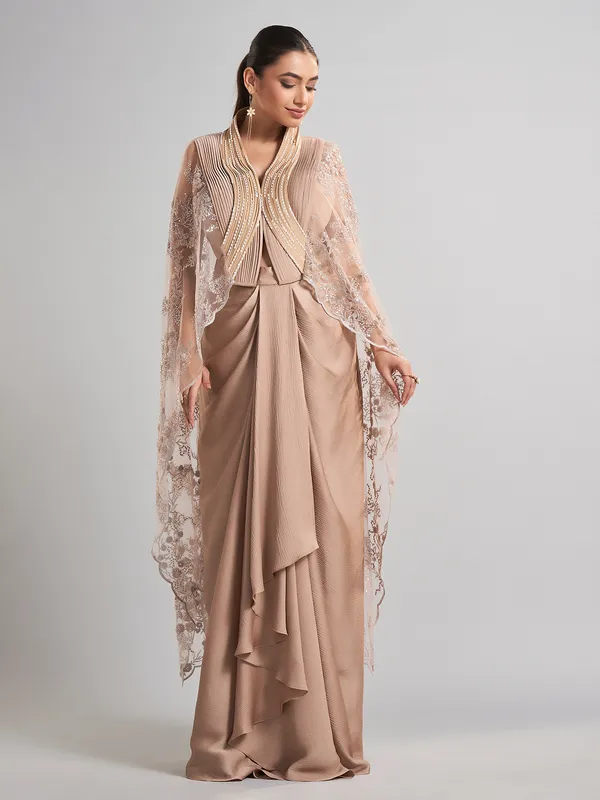 Beige designer indo western shrug set