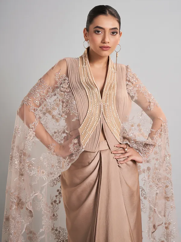 Beige designer indo western shrug set