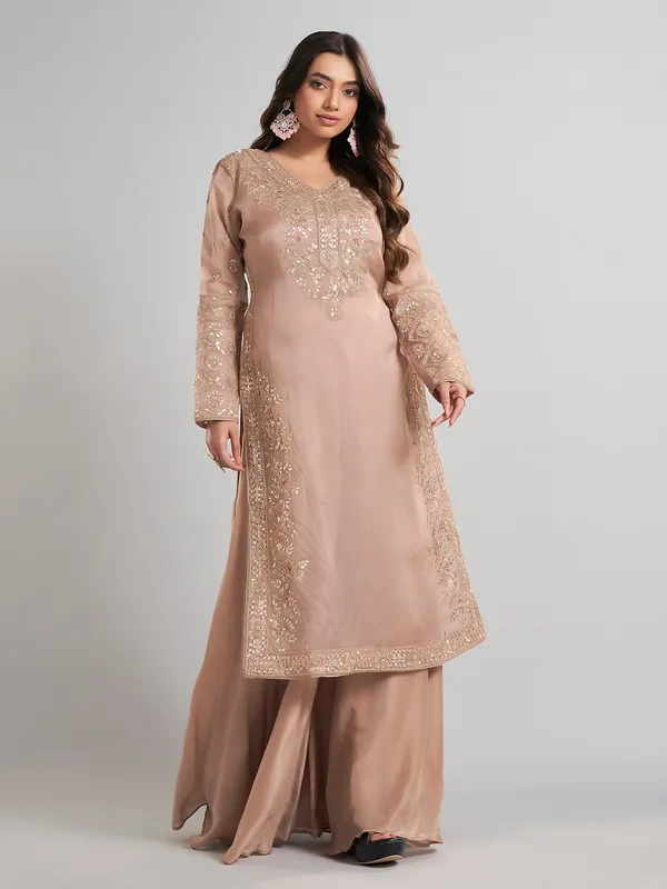 Beige designer pakistani silk palazzo suit