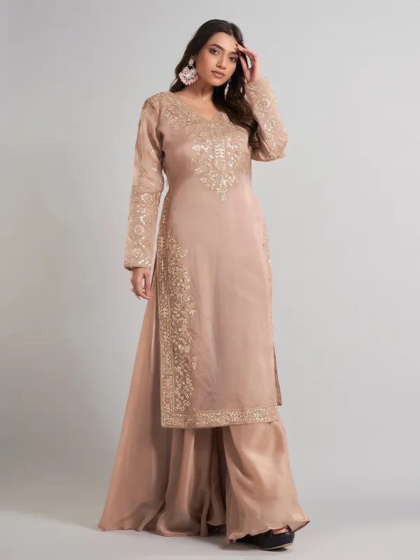 Beige designer pakistani silk palazzo suit