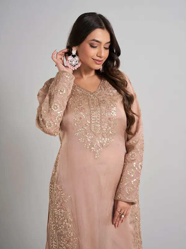 Beige designer pakistani silk palazzo suit