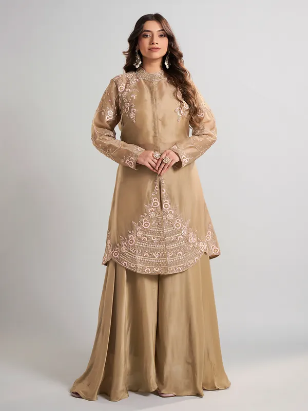 Beige designer pakistani tissue and satin silk palazzo suit