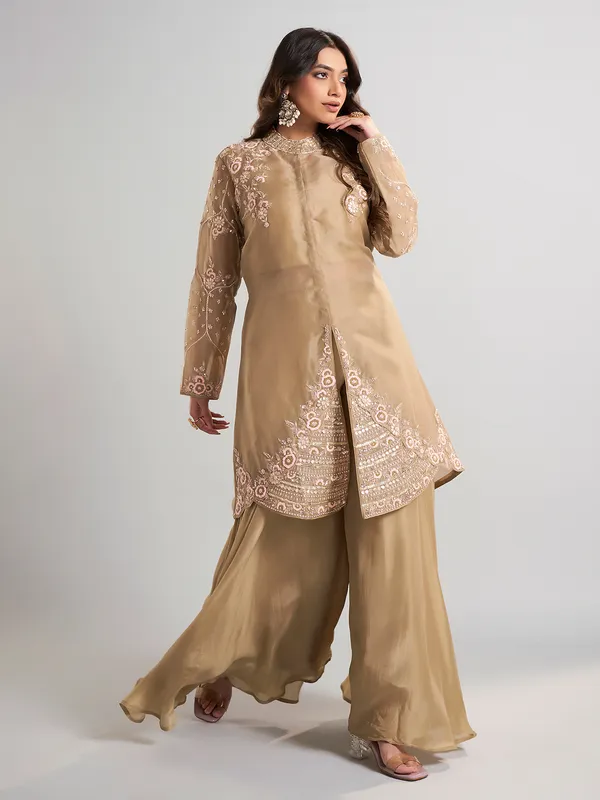 Beige designer pakistani tissue and satin silk palazzo suit