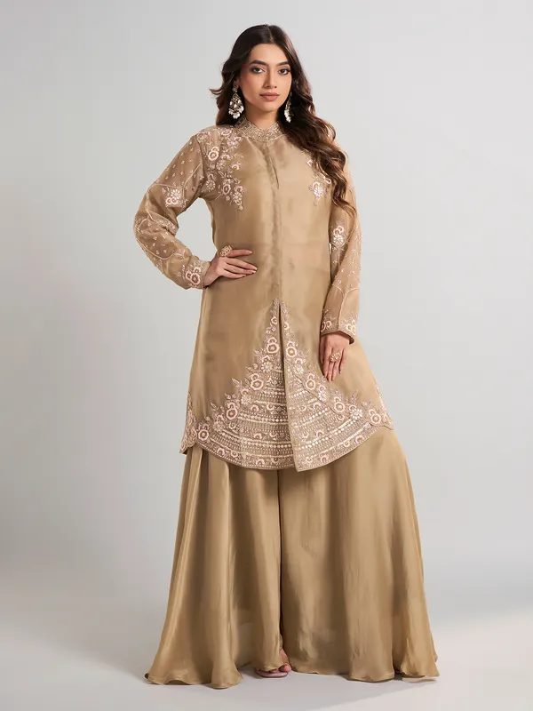 Beige designer pakistani tissue and satin silk palazzo suit