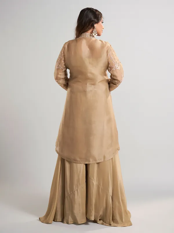 Beige designer pakistani tissue and satin silk palazzo suit