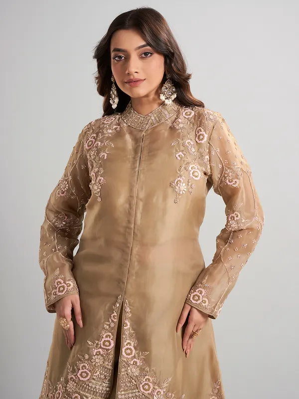Beige designer pakistani tissue and satin silk palazzo suit