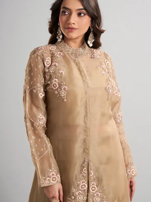 Beige designer pakistani tissue and satin silk palazzo suit