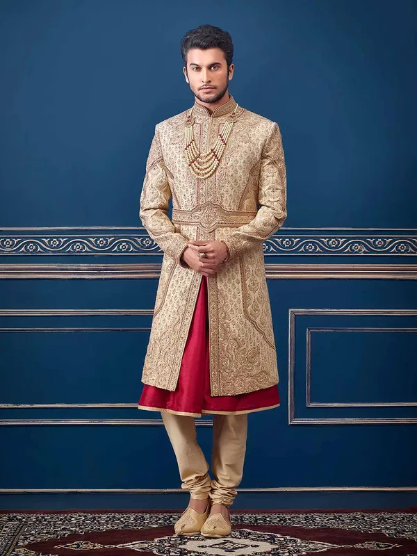 Beige designer raw silk sherwani suit for groom