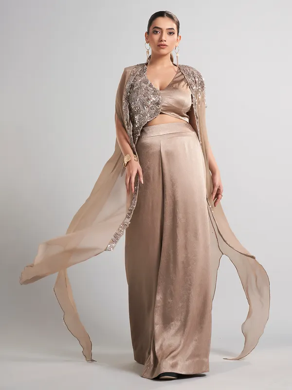 Beige designer shrug silk palazzo suit