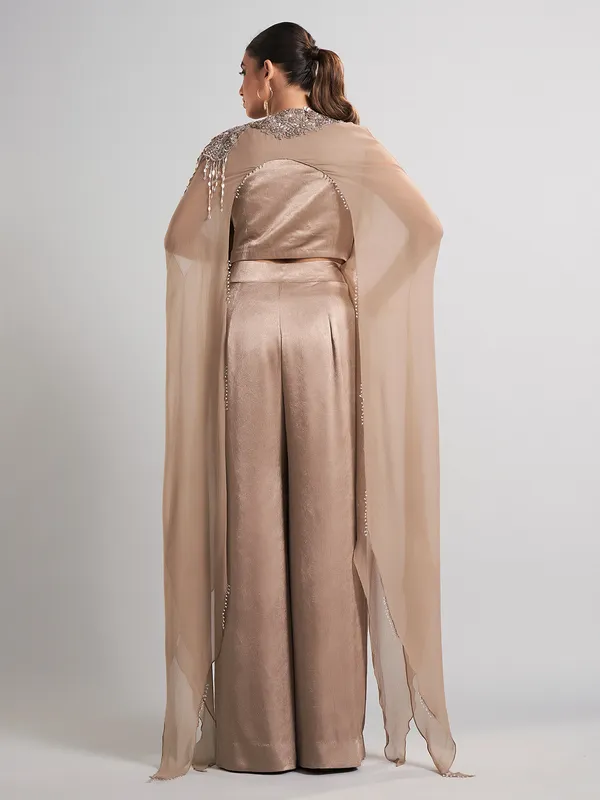 Beige designer shrug silk palazzo suit