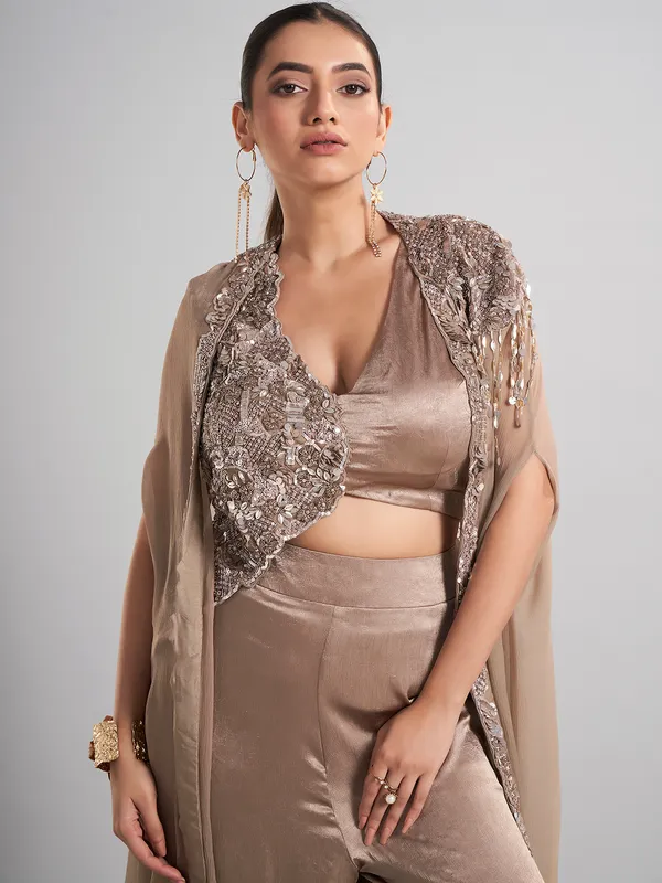 Beige designer shrug silk palazzo suit