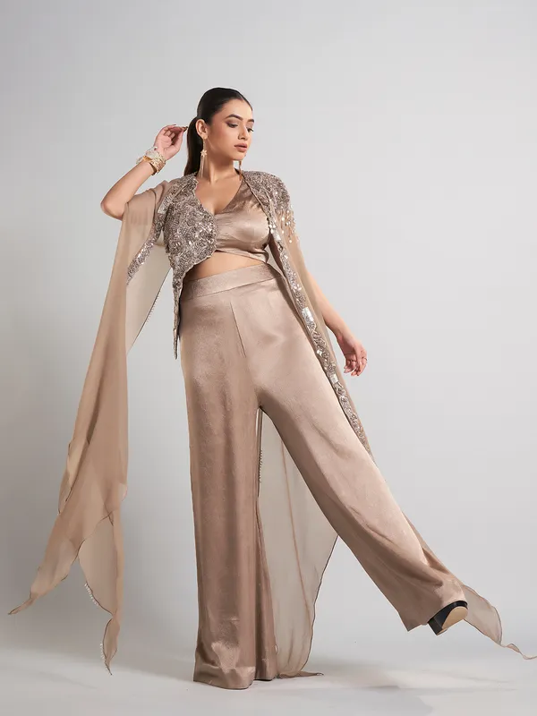 Beige designer shrug silk palazzo suit