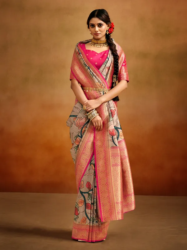 Beige digital printed banarasi silk saree