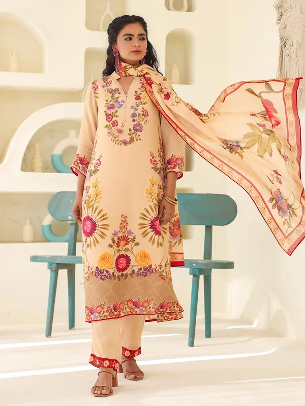 Beige dola silk kurti set with dupatta