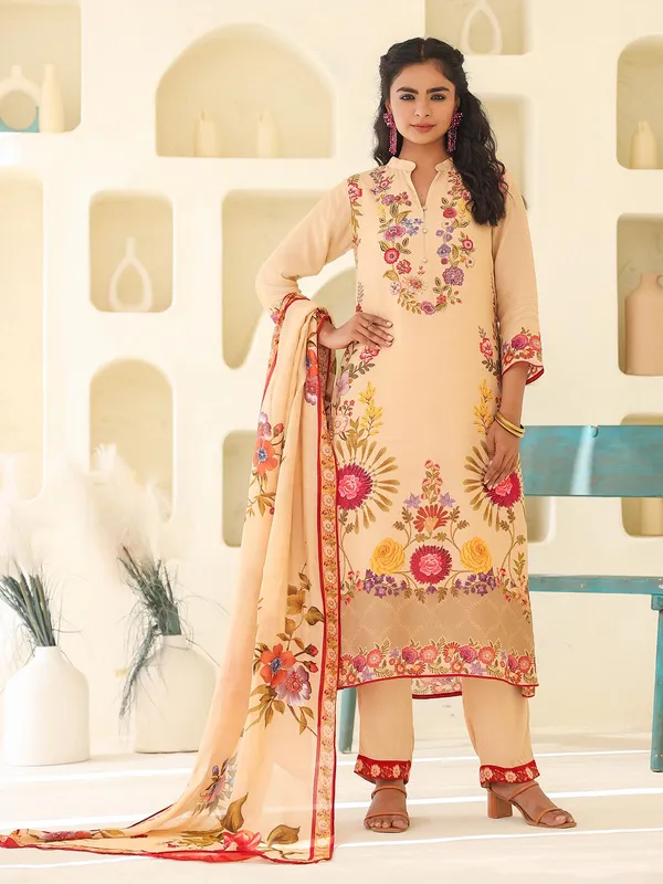 Beige dola silk kurti set with dupatta