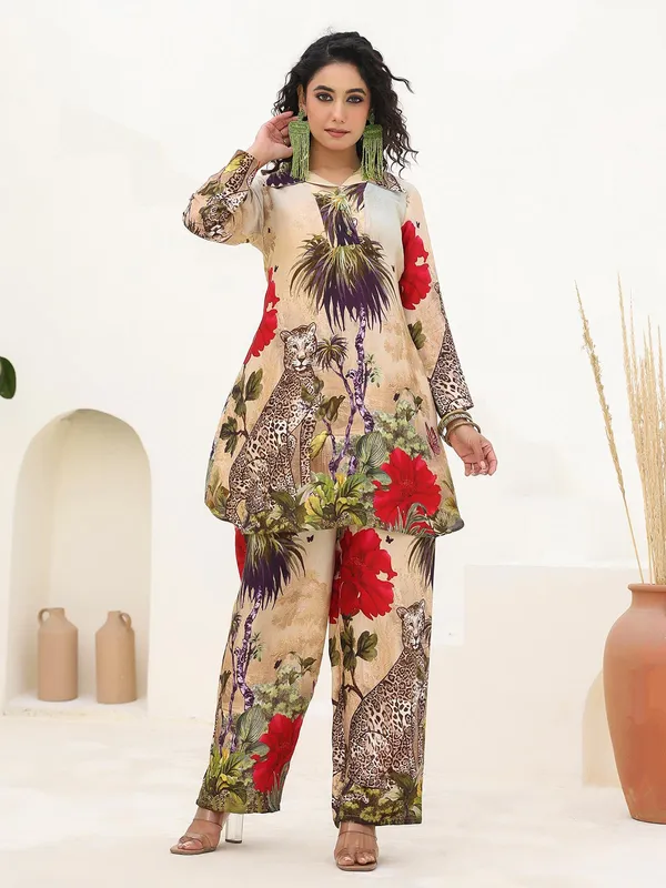 Beige dola silk kurti set with print
