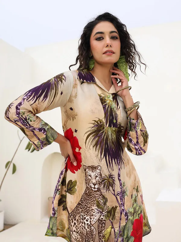 Beige dola silk kurti set with print