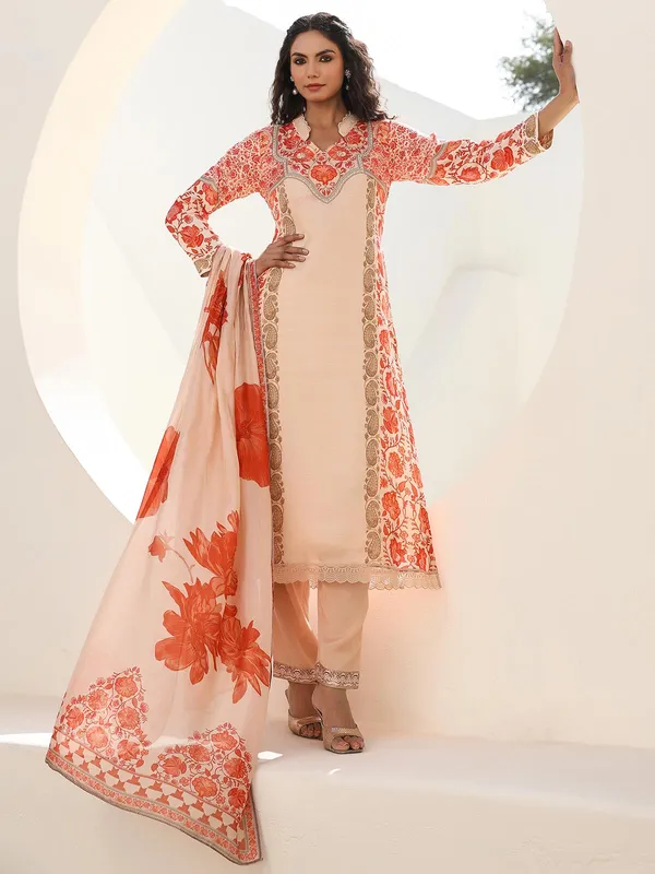 Beige dola silk kurti set with print for women