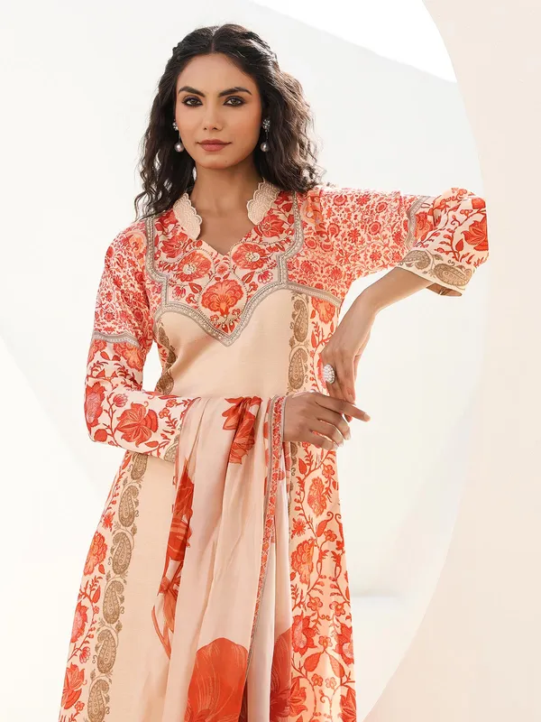Beige dola silk kurti set with print for women