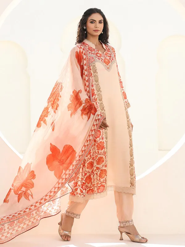 Beige dola silk kurti set with print for women
