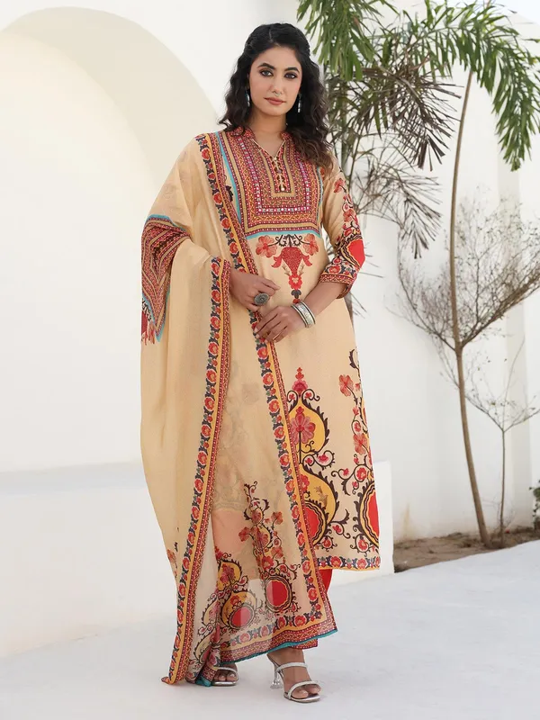 Beige dola silk printed kurti set