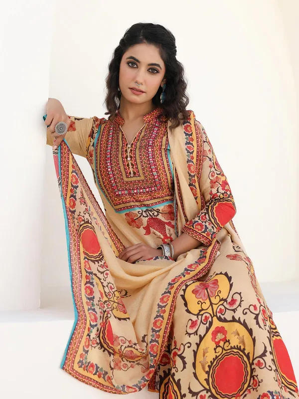Beige dola silk printed kurti set
