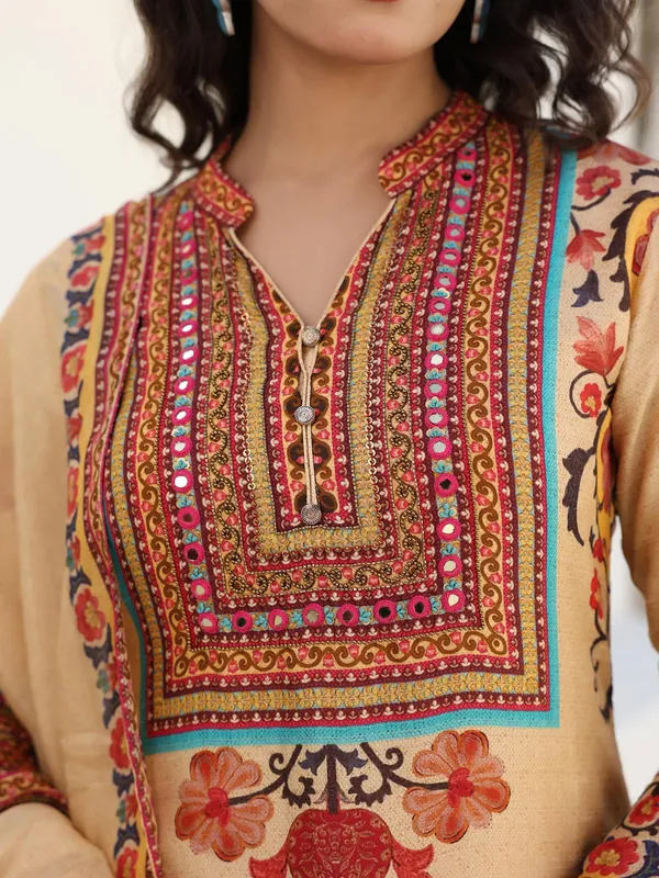 Beige dola silk printed kurti set