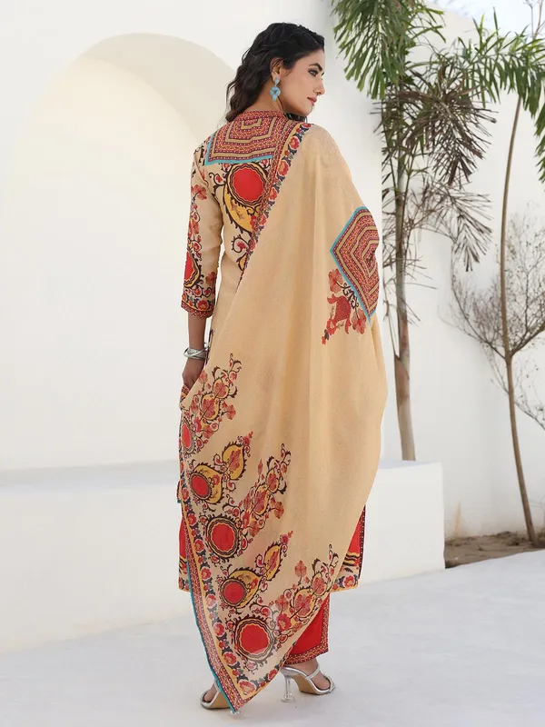 Beige dola silk printed kurti set