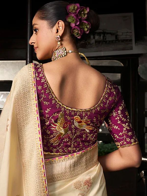 Beige dola silk saree with contrast blouse