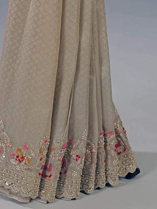 Beige dola silk saree with zari work