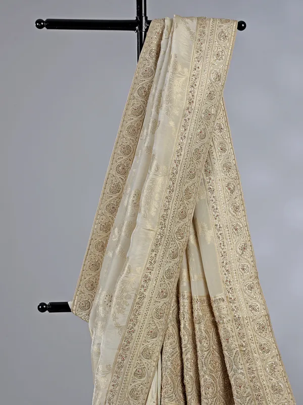 Beige dola silk zardosi work saree with blouse piece