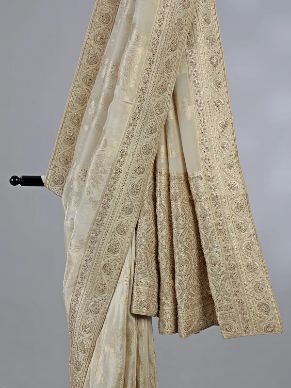 Beige dola silk zardosi work saree with blouse piece