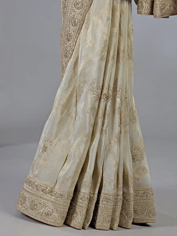 Beige dola silk zardosi work saree with blouse piece