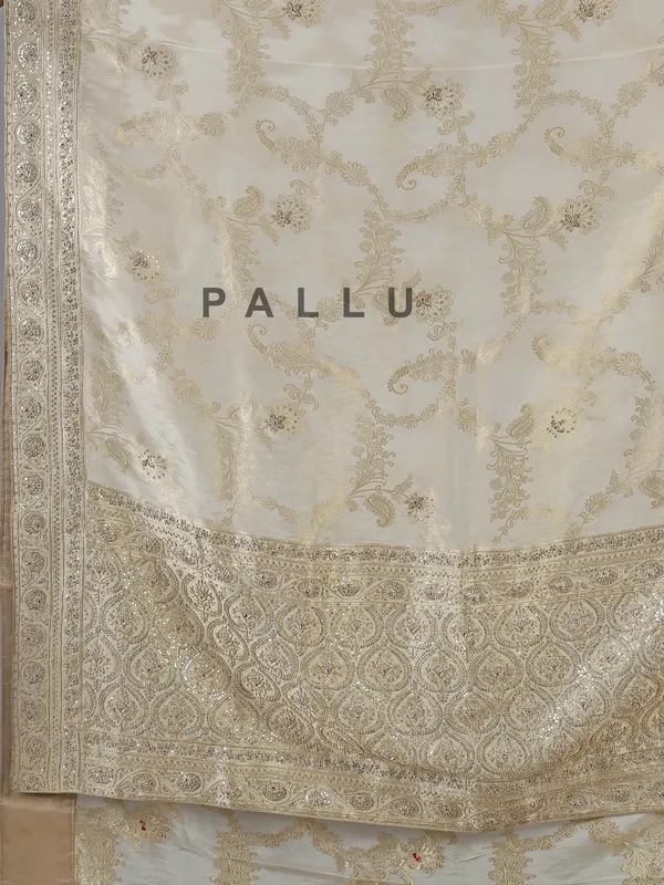 Beige dola silk zardosi work saree with blouse piece