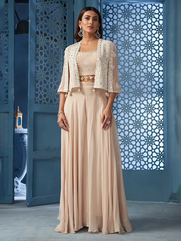 Beige elegant silk palazzo salwar suit