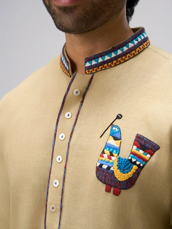 Beige embroidered bird linen kurta pajama