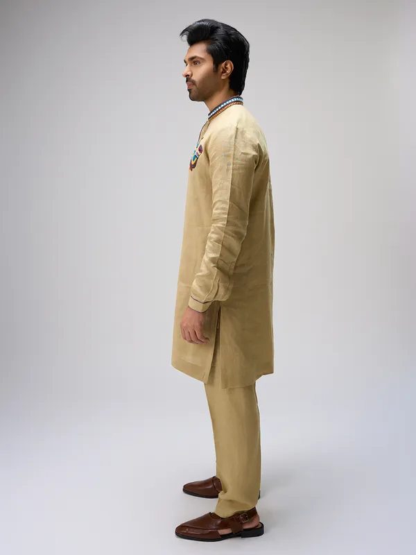 Beige embroidered bird linen kurta pajama