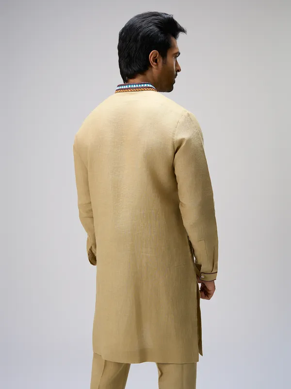 Beige embroidered bird linen kurta pajama