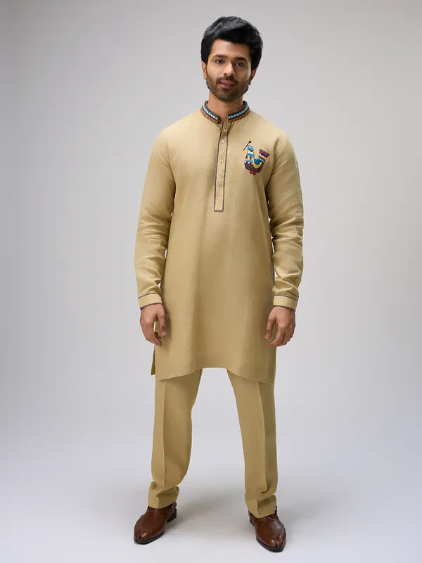 Beige embroidered bird linen kurta pajama