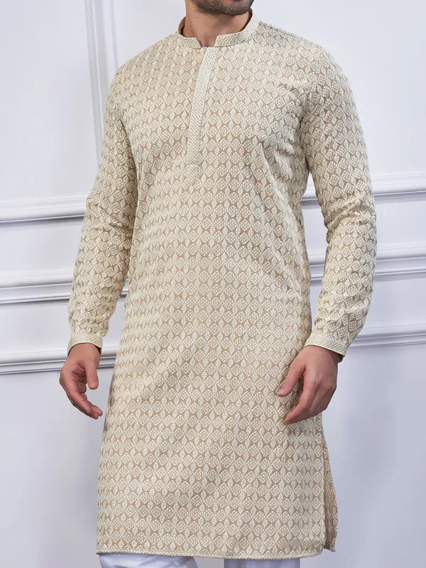 Beige embroidery cotton kurta suit for festive wear