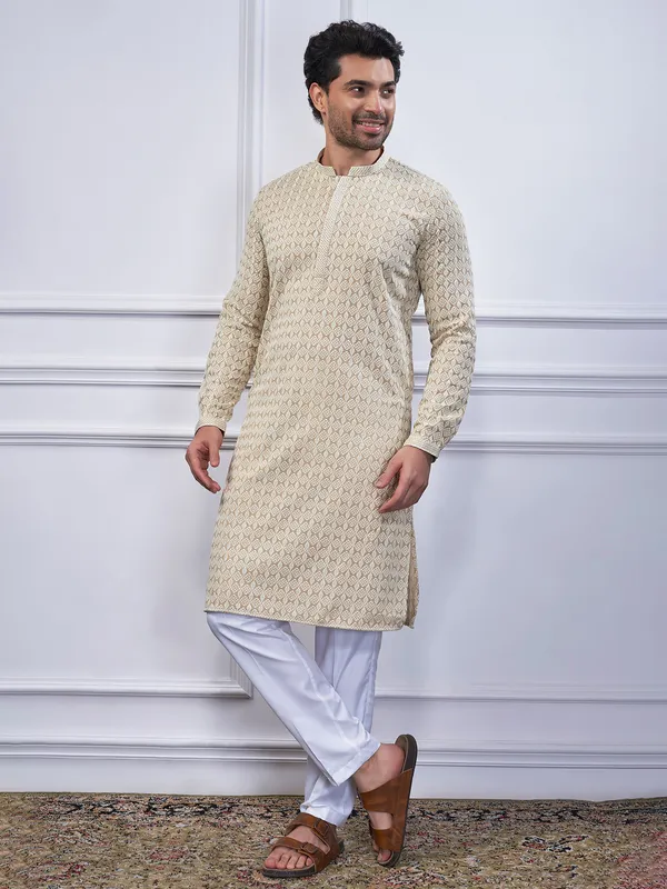 Beige embroidery cotton kurta suit for festive wear
