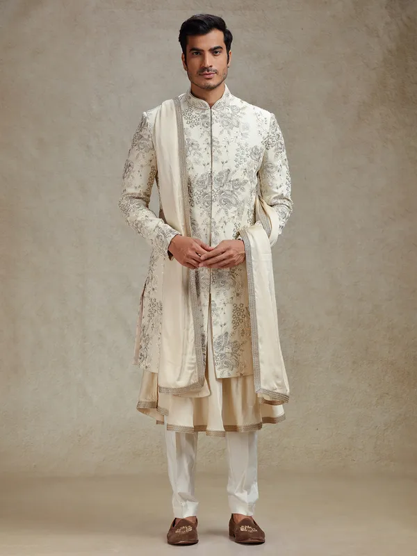 Beige ethnic charm peshwahi style sherwani for men